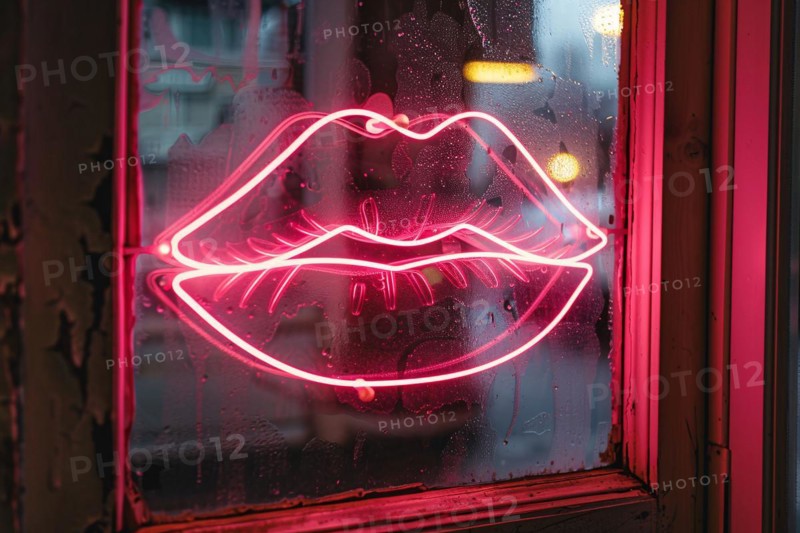 Pink neon light in shape of kiss lips hanging in window of bar at night. KI generiert, generiert, AI generated