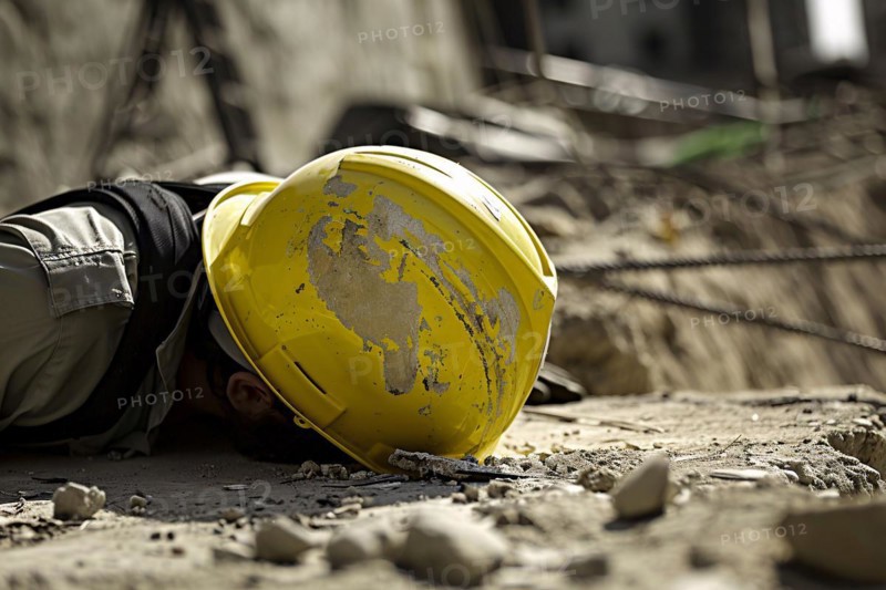 Close up of construction worker with safety helmet lying on ground after accident at construction site. KI generiert, generiert, AI generated