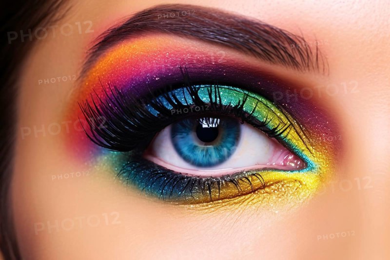 Close up of woman's blue eye with bold rainbow colored eyeshadow makeup and dark black fake lashes. KI generiert, generiert AI generated