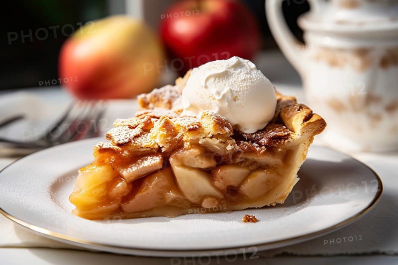 Slice of apple pie with ice cream on plate. KI generiert, generiert AI generated