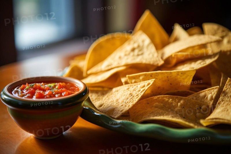 Plate with Tortilla chips and Salsa dip in small bowl on table. KI generiert, generiert AI generated