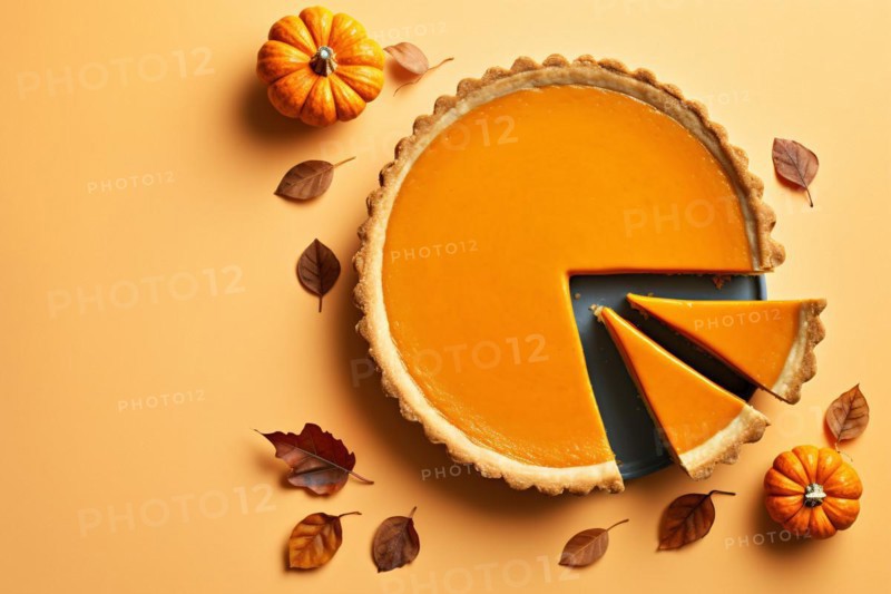 Top viee of pumpkin pie on orange background with autumn leaves. KI generiert, generiert AI generated