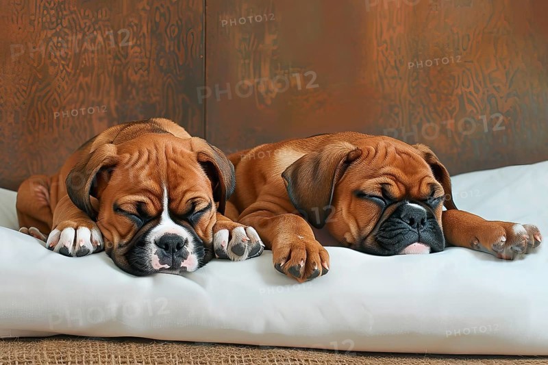 Two cute boxer pups sleeping on cushions, AI generated