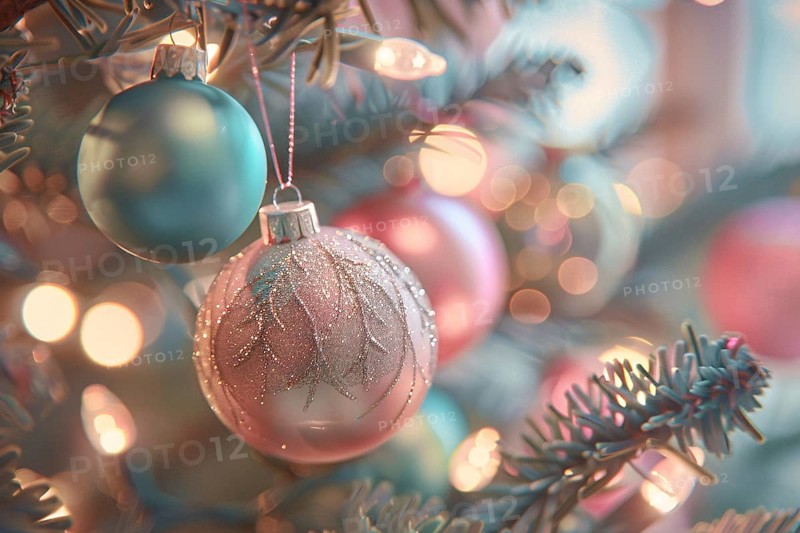 Close up of beautiful pastel colored bauble ornaments on branches of white christmas tree. Generative Ai, AI generated