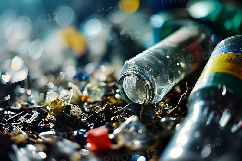 Plastic recycling process with shredded pet bottles and assorted plastic waste compressed, AI generated
