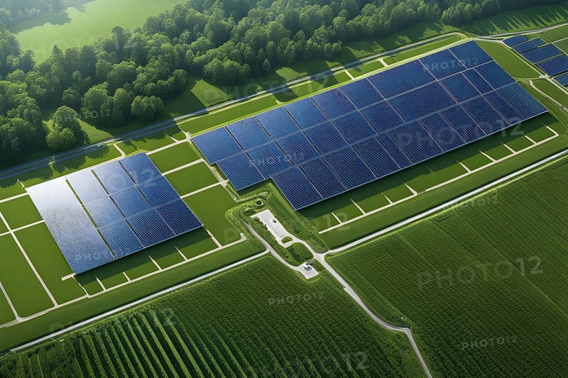Complex layout of a photovoltaic power plant symmetrically arranged in rows of solar panels, AI generated