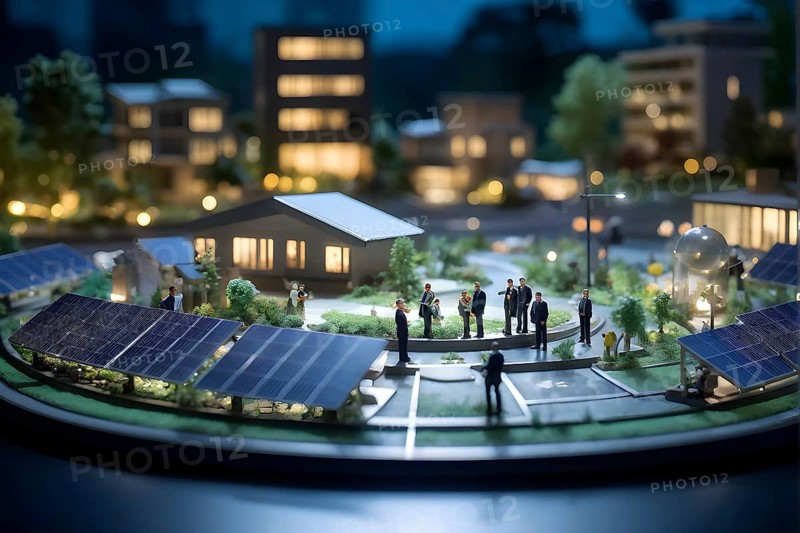 Scale model of a solar park on a polished conference table, AI generated