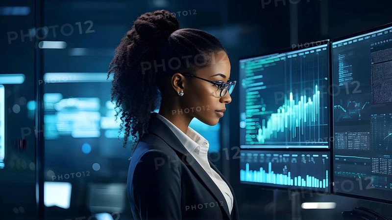 Black african american female it specialist engaged in analyzing data for cyber security, AI generated