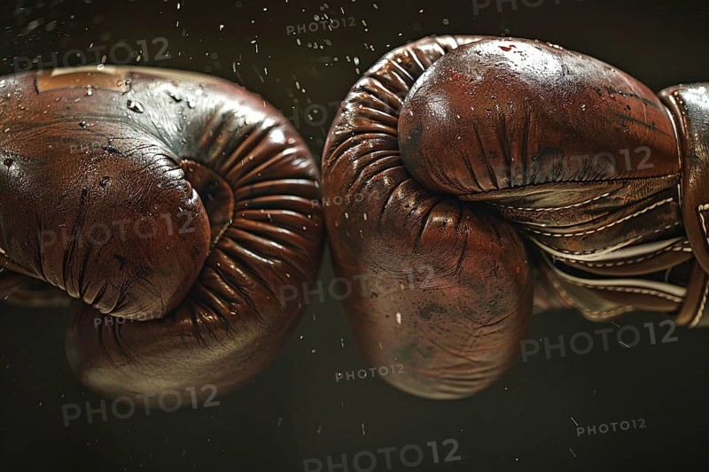Close up of two brown clashing boxing gloves in fight. Generative Ai, AI generated