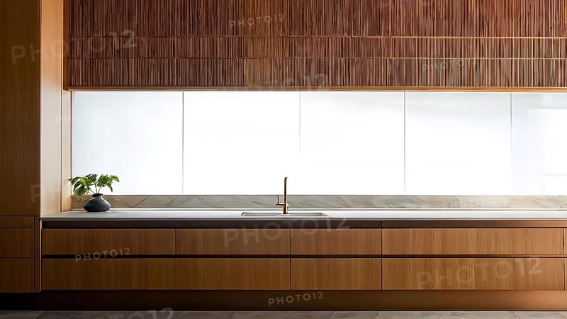 Wooden kitchen with top counter and other modern interior elements, AI generated