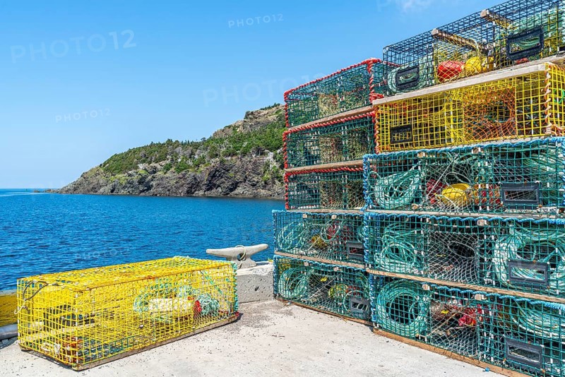 Stack of lobster pots in the harbour of the fishing village of Lark Harbour, Bay of Islands, Newfoundland, Canada, North America