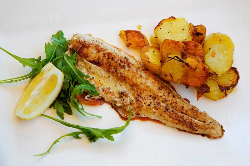 Mediterranean cuisine, fried pike-perch fillet, roast potatoes, fried potatoes, rocket salad, lemon wedge, plate, served, fish dish, food photography, studio, Germany, Europe