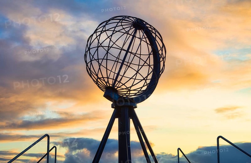 Steel globe at the North Cape in the evening light, Nordkapp, Finnmark, Norway, Europe