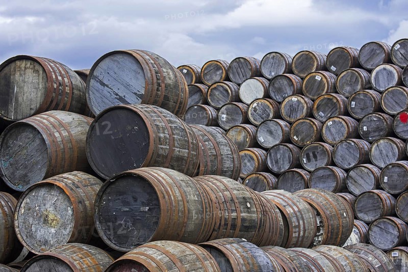 Huge stacks of discarded whisky casks, barrels at Speyside Cooperage, Craigellachie, Aberlour, Banffshire, Grampian, Scotland, UK