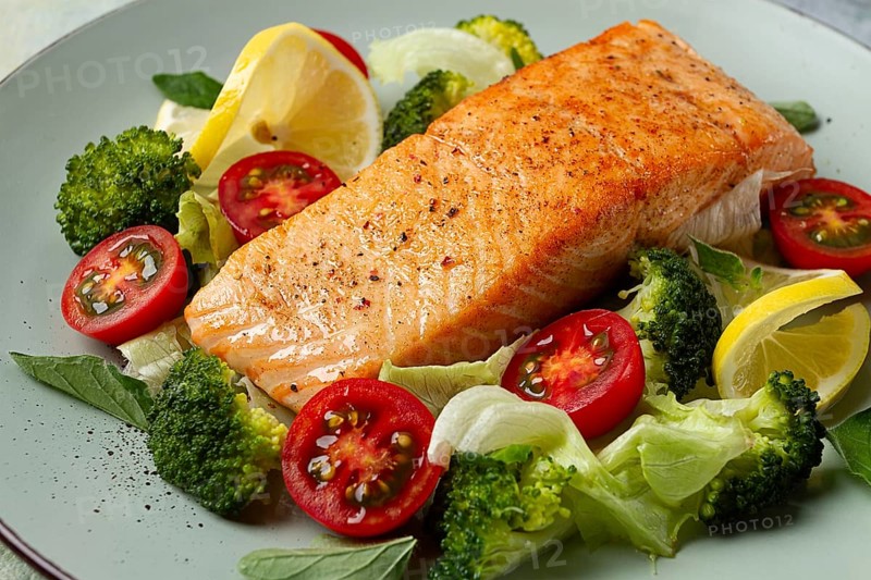 Grilled salmon fillet, with vegetables, broccoli, cherry, iceberg lettuce, spices and herbs, homemade, no people