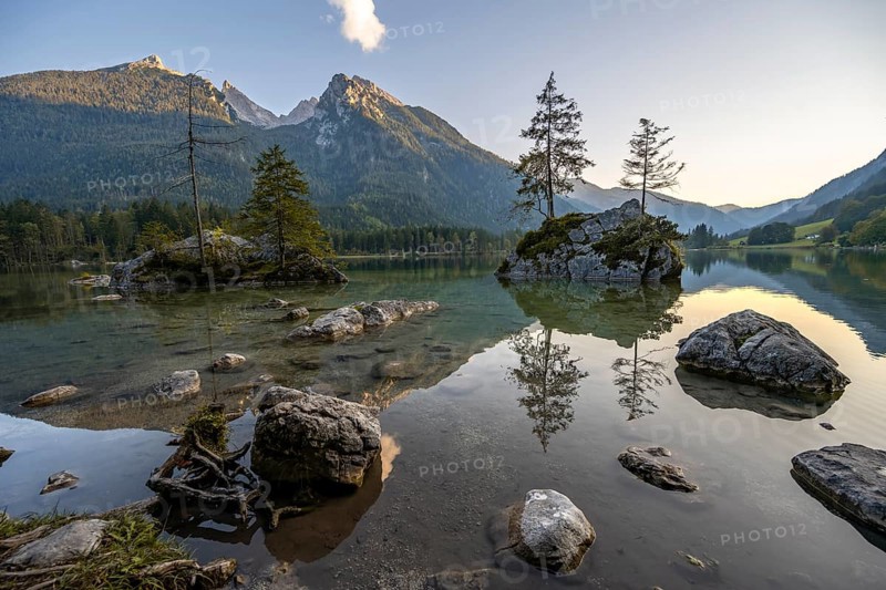 Hochkalter reflected in Hintersee, at sunset, Berchtesgaden National Park, Ramsau, Upper Bavaria, Bavaria, Germany, Europe