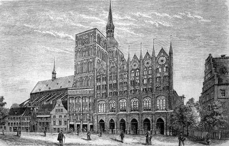 The market square of Stralsund, Germany, in 1885, historical, digital reproduction of an original from the 19th century, Europe