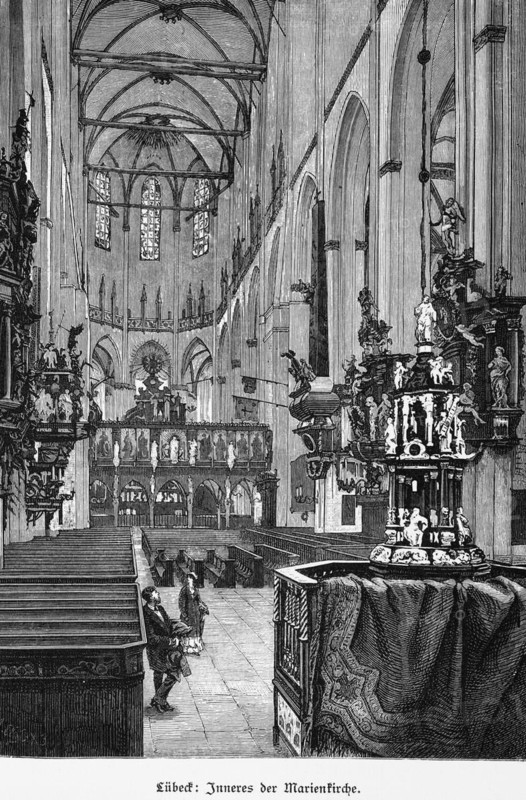 Nave of St Mary's Church, Hanseatic City of Lübeck, Gothic, window, pulpit, altar, ornamentation, Schleswig-Holstein, Germany, historical illustration 1880, Europe