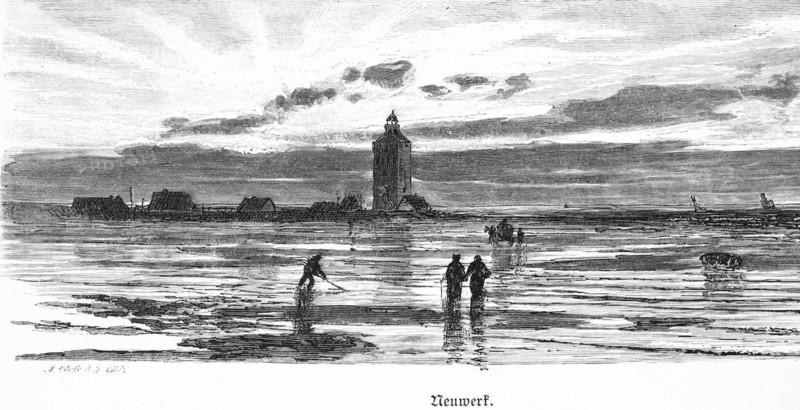 Neuwerk Island with lighthouse, Hamburg, North Sea, Elbe estuary, mudflats, low tide, horse-drawn carriage, buildings, people, Germany, historical illustration 1880, Europe