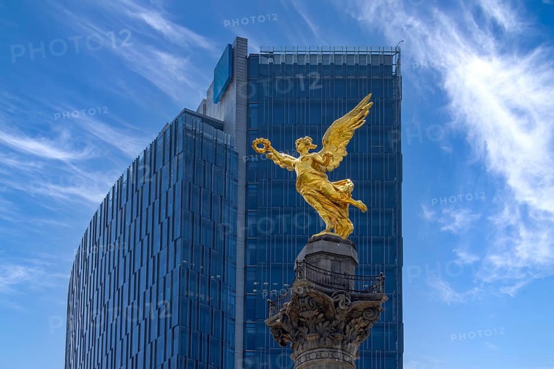 Mexico City tourist attraction Angel of Independence column near financial center and El Zocalo.