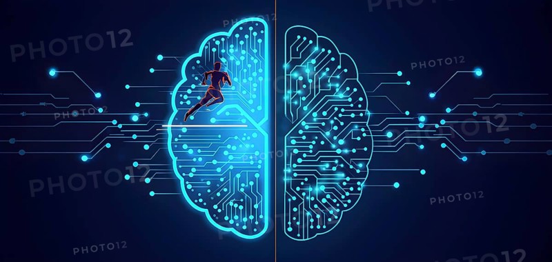 Abstract brain split into two halves, one side athletic motion, the other side neural network, vibrant colors, symbol for artificial intelligence in sport, AI generated