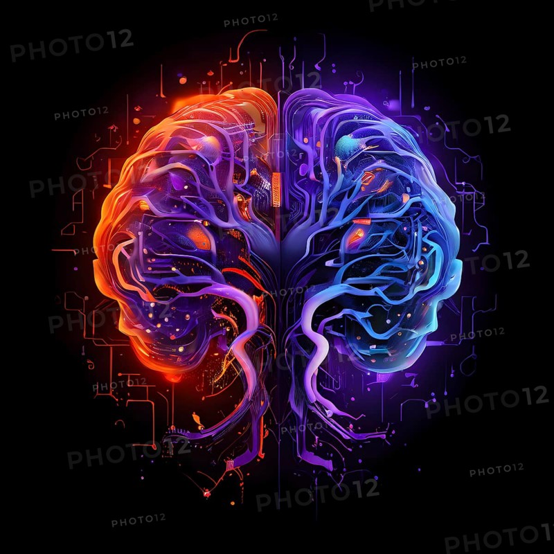 Abstract brain split into two halves, one side athletic motion, the other side neural network, vibrant colors, symbol for artificial intelligence in sport, AI generated