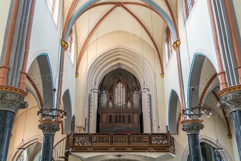 Church organ of the Roman Catholic parish church of St Martinus, town of Zons, Dormagen, Lower Rhine, North Rhine-Westphalia, Germany, Europe