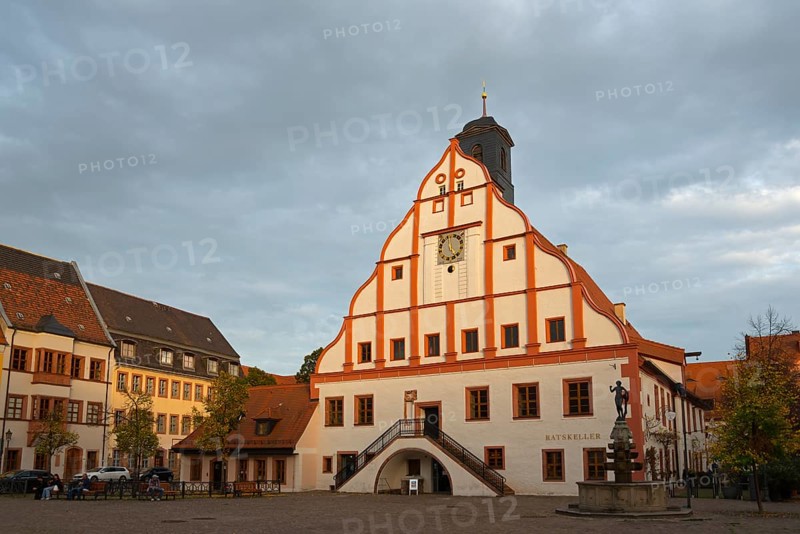 Historic town hall with clock tower on a cobbled square in the evening sun, town hall, market square, Grimma, Leipzig, Saxony, Germany, Europe