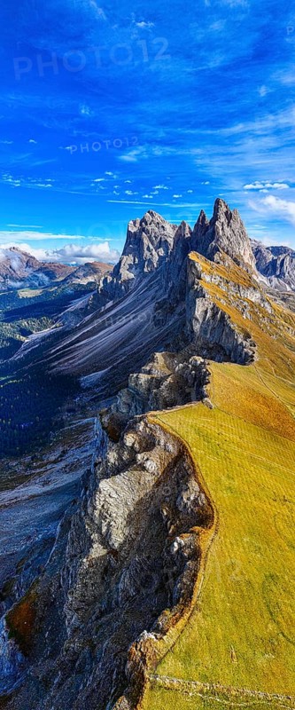 The peaks Sas Rigais and Furchetta of the Geisler group, panoramic photo, drone photo, Val Gardena, Dolomites, Autonomous Province of Bolzano, South Tyrol, Italy, Europe