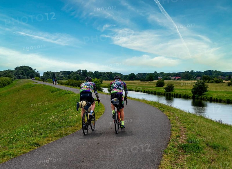 Cyclist on a cycle path by the river, landscape in the Lower Oder Valley National Park, Criewen, Brandenburg, Germany, Europe