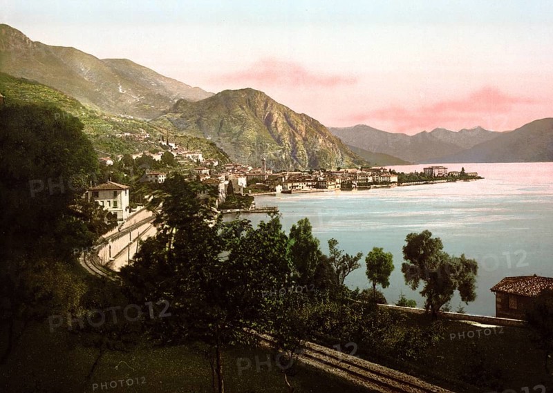 Menaggio, General view, Lake Como, Italy, Historical, digitally restored reproduction from a 19th century original, 1880, Record date not stated, Europe