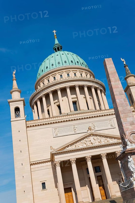 Oblique view of a cathedral with a green dome under a clear sky, St. Nikolai Church, Alter Markt, Potsdam, Brandenburg, Germany, Europe