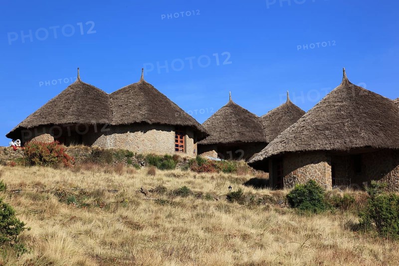 In the highlands of Abyssinia, in the Semien Mountains, landscape in Semien Mountains National Park, Semien Lodge in the national park, Ethiopia, Africa