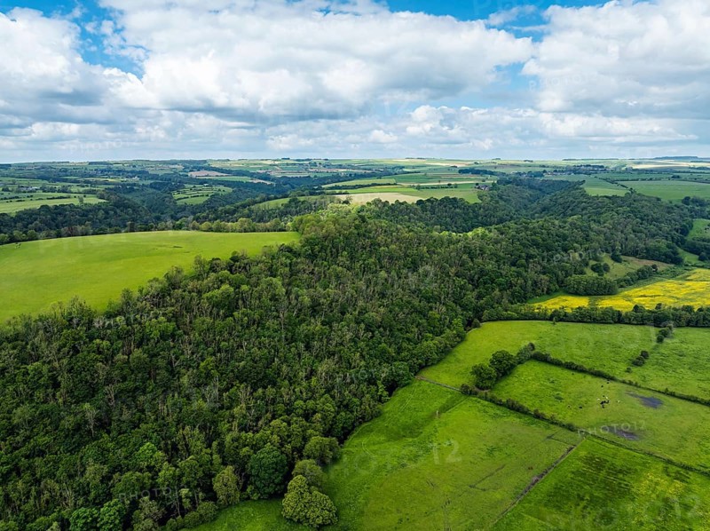 Farms and Fields over Rievaulx Village from a drone, North York Moors National Park, North Yorkshire, England, United Kingdom, Europe