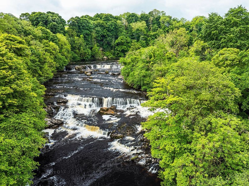 Aysgarth Falls on River Ure from a drone, Yorkshire Dales National Park, North Yorkshire, Englan