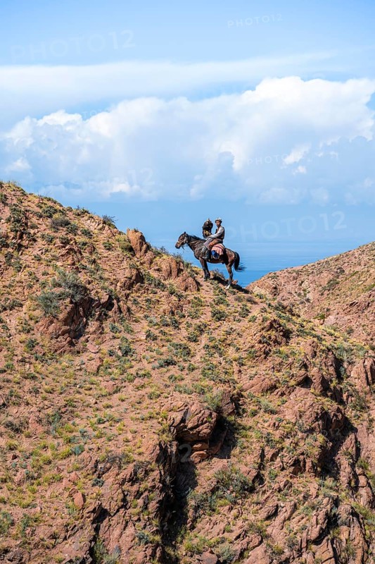 Traditional Kyrgyz eagle hunter with eagle in the mountains, hunting on horseback in front of dry landscape, near Kysyl-Suu, Issyk Kul, Kyrgyzstan, Asia