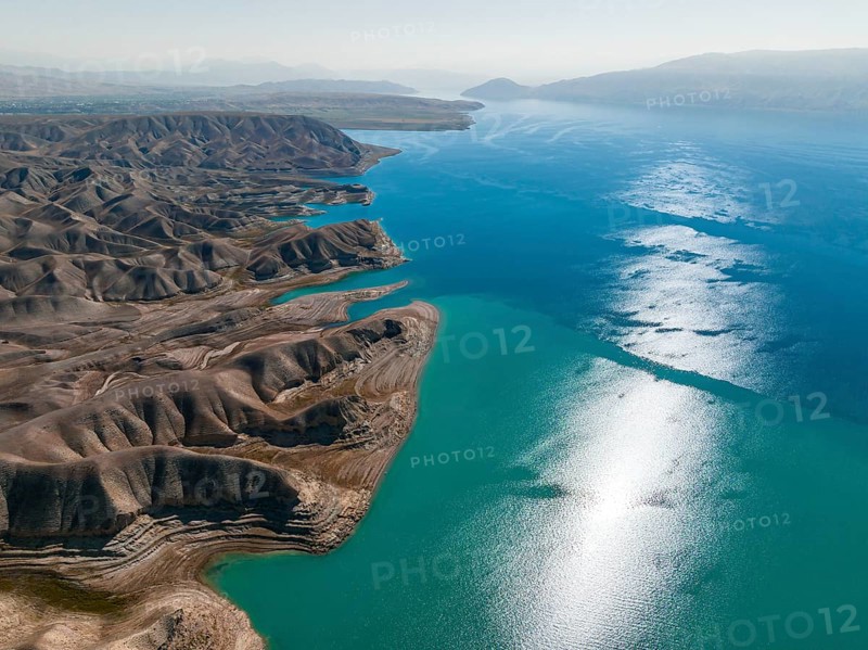 Aerial view, erosion landscape on the Naryn River, Toktogul Reservoir, Kyrgyzstan, Asia