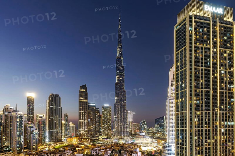 Burj Khalifa skyline tallest building in the world from above at night in Dubai, United Arab Emirates, Asia