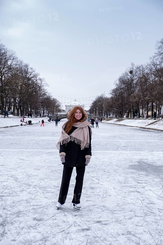 Ice skaters on the Nymphenburg Palace Canal, Nymphenburg in winter, Munich, Upper Bavaria, Bavaria, Germany, Europe