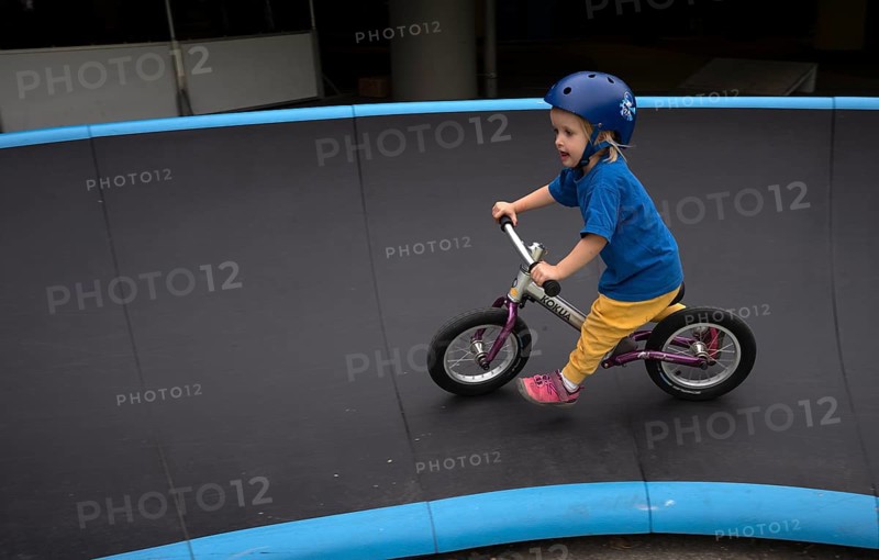 Little girl, 3 years, blonde, helmet, helmet, riding on balance bike, bicycle, skating rink, playground, Stuttgart, Baden-Württemberg, Germany, Europe