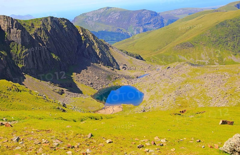 Llyn Glas corrie lake, landscape from Mount Snowdon, Gwynedd, Snowdonia, north Wales, UK