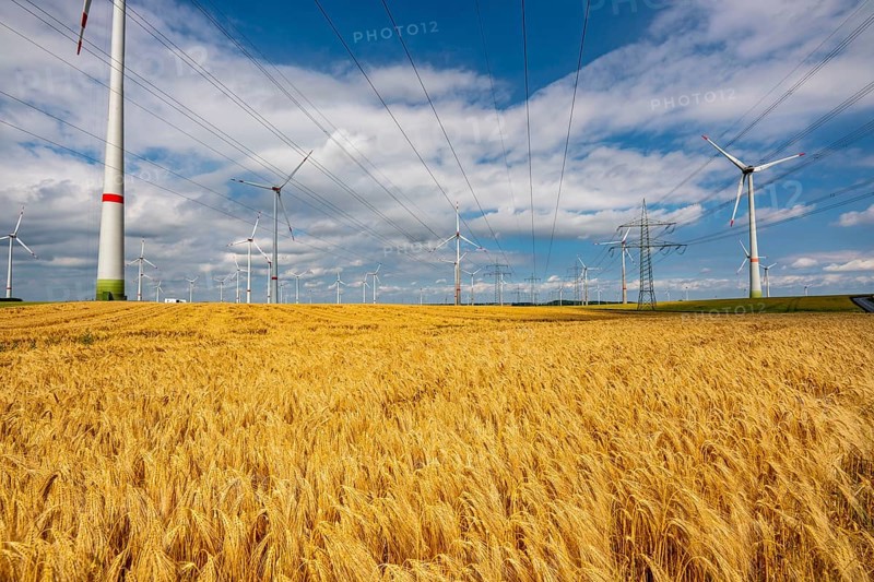 Wind farm east of Bad Wünnenberg, East Westphalia-Lippe, high-voltage power lines, grain field, North Rhine-Westphalia, Germany, Europe