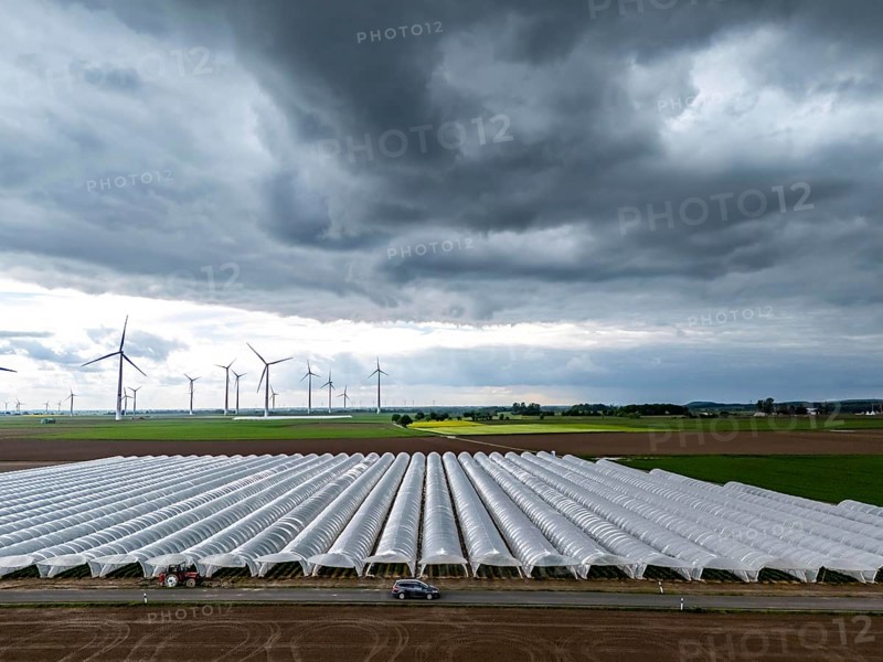 Agriculture, large areas with foil tunnel, for the cultivation of strawberries, freshly cultivated fields, wind farm, south of Lövenich, belongs to Erkelenz, in the district of Heinsberg
