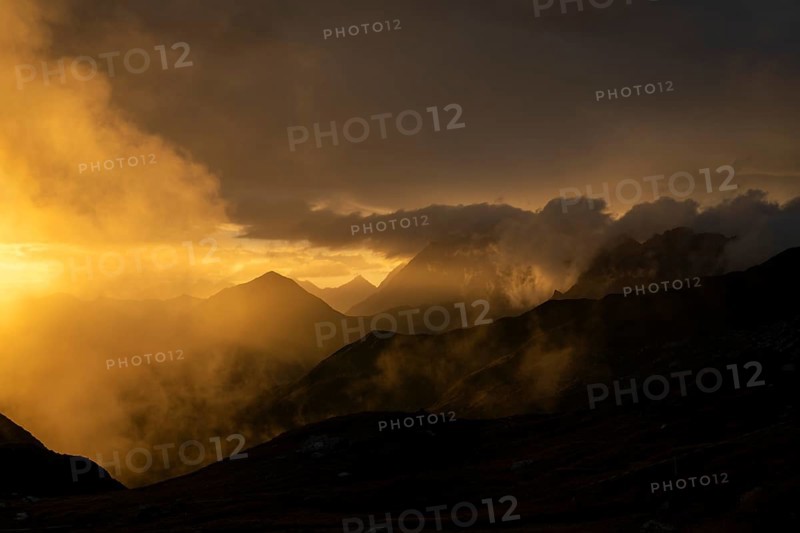 Montafon mountains with dramatic cloudy sky at sunset, Tschagguns, Rätikon, Montafon, Vorarlberg, Austria, Europe