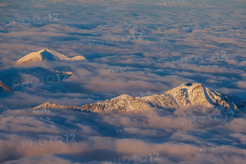 Mountain peak above high fog, evening light, winter, view from Zugspitze to Kramer, Upper Bavaria, Bavaria, Germany, Europe