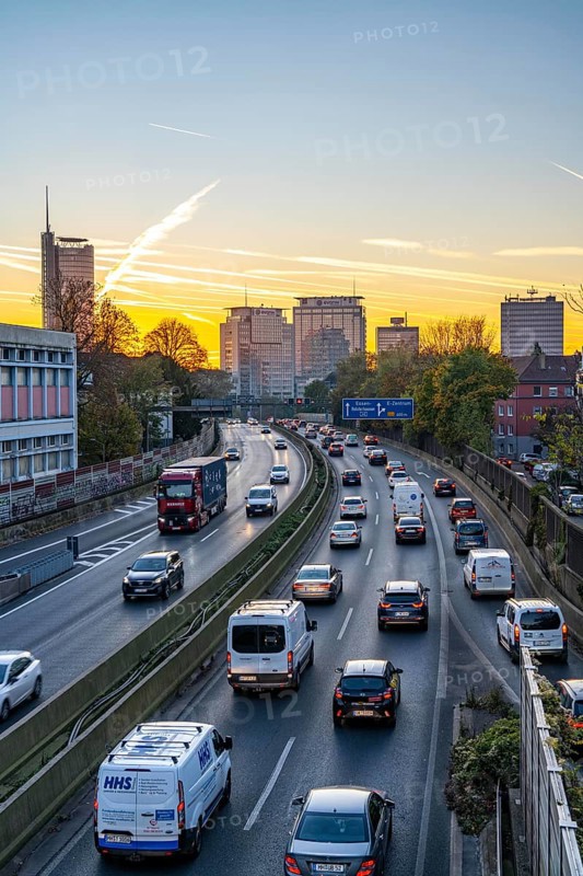 Evening traffic, partly with traffic jams, slow-moving traffic on the A40 motorway, skyline of Essen, RWE tower on the left, Evonik Group headquarters in the middle, former Postbank building on the right, Essen, North Rhine-Westphalia, Germany, Europe