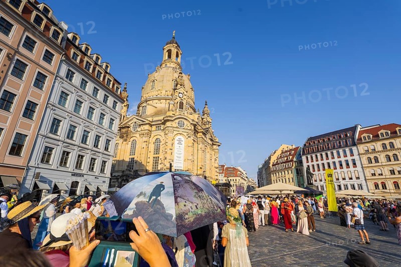Dresden celebrated the 250th birthday of Caspar David Friedrich with a birthday party and a big city bet between Greifswald and Dresden, The Romantic's Duell. In Dresden 2033 people appeared in disguise and in Greifswald 2241, so Greifswald won the bet, city bet on the Neumarkt, Düll der Romantiker, Dresden, Saxony, Germany, Europe
