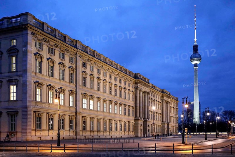 View of the Humboldt Forum and the Fensehturm at Alexanderplatz. With the Humboldt Forum in the newly built Berlin Palace, a centre for art, culture, science and education is being created in the centre of Berlin, 30.12.2020