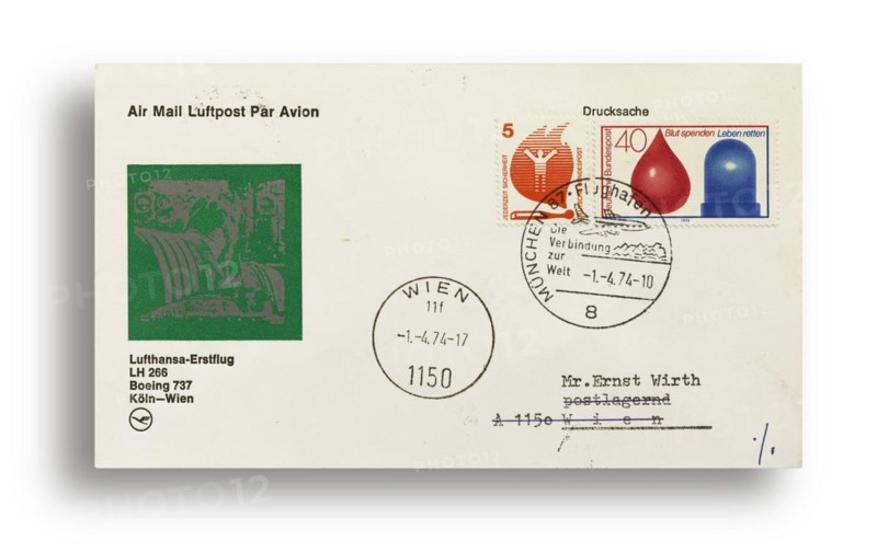 First flight letter, first flight cover, Lufthansa first flight LH266 with Boeing 737 from Cologne, Germany, to Vienna, Austria, on 01.04.1974, Europe