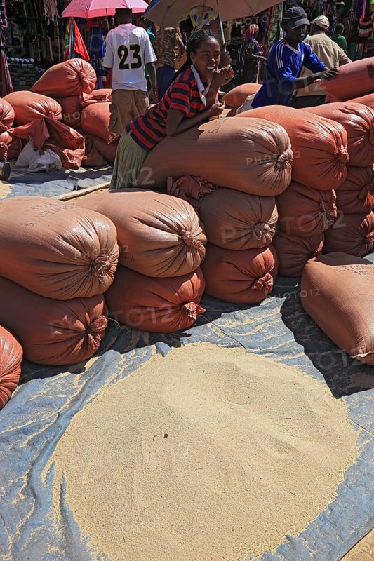 South Ethiopia, market in Jinka, market day, trade with teff, grain, market scene, Ethiopia, Africa